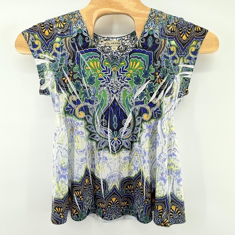 Live And Let Live Shirt Medium Embellished Sheer Boho Floral Crochet‎ Top Blouse